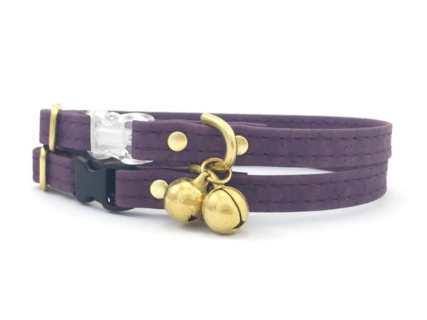 Purple vegan cork leather cat collar with brass bell and breakaway buckle, made in the UK
