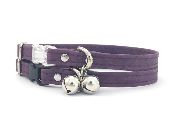Purple vegan leather cat collar in cork with breakaway safety buckle and silver bell