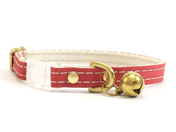 Red vegan leather cat collar with soft cotton webbing, breakaway safety buckle and solid brass bell