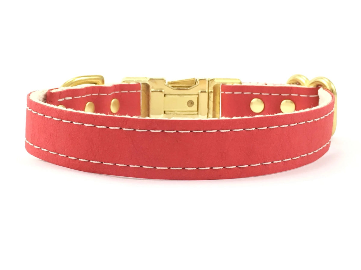 Red Vegan Leather Dog Collar With Luxury Brass Buckle Noggins & Binkles
