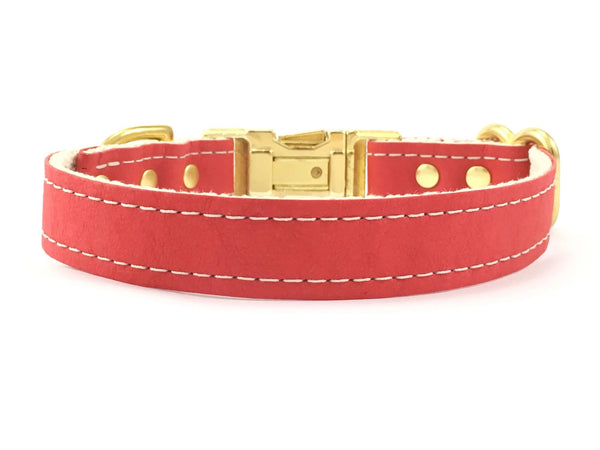 Red dog and pupy collar in ethical vegan leather and cotton webbing with brass buckle, matching lead available