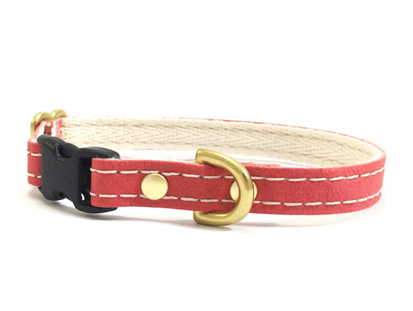 Red vegan leather little dog or puppy collar with soft cotton webbing and brass hardware