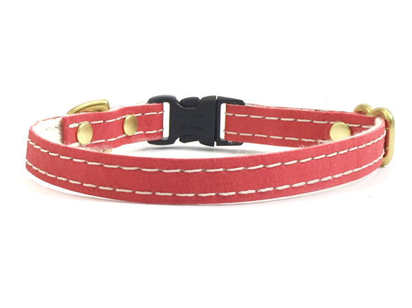 Red miniature toy dog collar in vegan faux leather and luxury brass