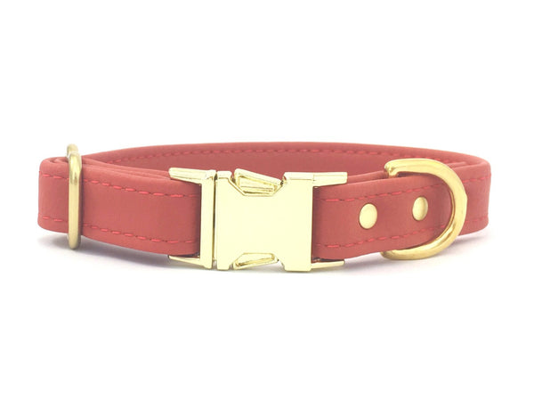 Red vegan silicone leather dog collar with luxury brass buckle.
