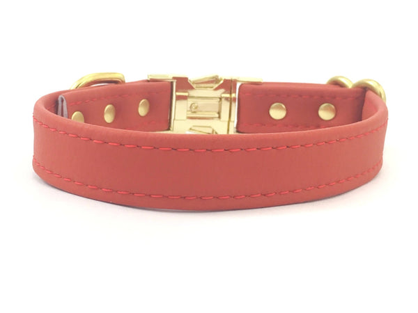 Red vegan silicone leather dog and puppy collar in eco friendly vegan leather with brass buckle.