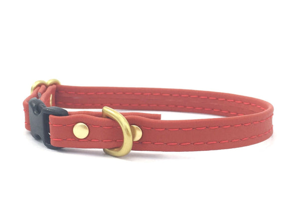 Red vegan silicone leather miniature dog and puppy collar, waterproof and scratch resistant, made in the UK.