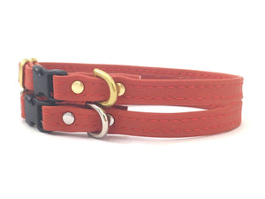 Red vegan silicone leather miniature dog and puppy collar, suitable for Chihuahuas and Miniature Dachshunds. 