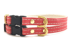 Red toy dog collar in luxury vegan leather, cotton webbing and solid brass, made in the UK