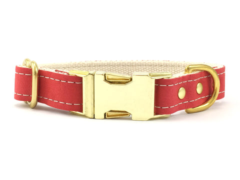 Red vegan leather dog collar with soft cotton webbing and solid brass hardware, made in the UK