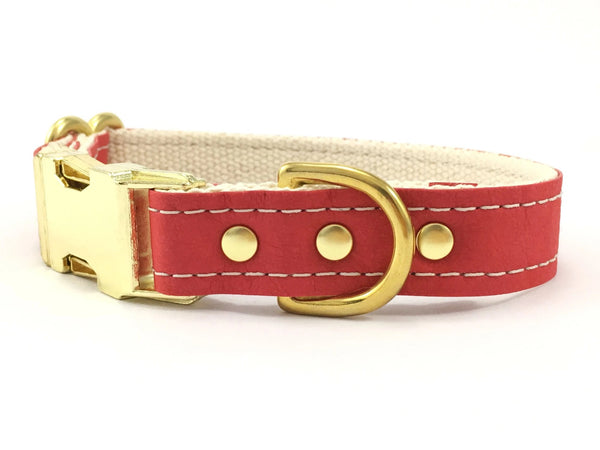 Red dog collar in vegan leather with luxury brass buckle, available in extra small to large