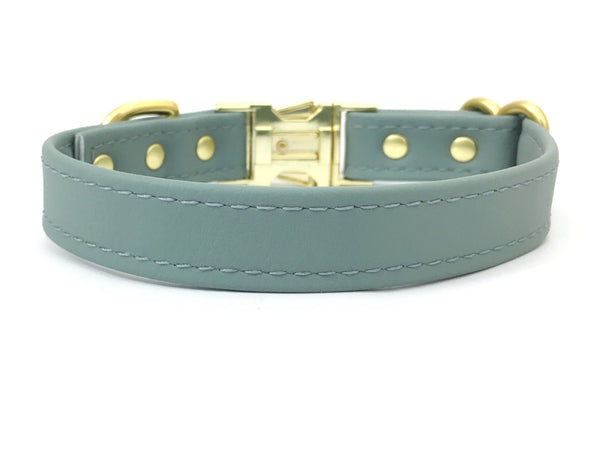 Sage grey dog collar in vegan silicone leather with luxury solid brass hardware.