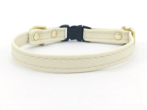 White Vegan Silicone Leather Miniature Dog & Puppy Collar - Brass & Silver