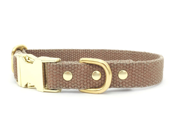 Tan brown dog collar in soft cotton and luxury brass, made in the UK.