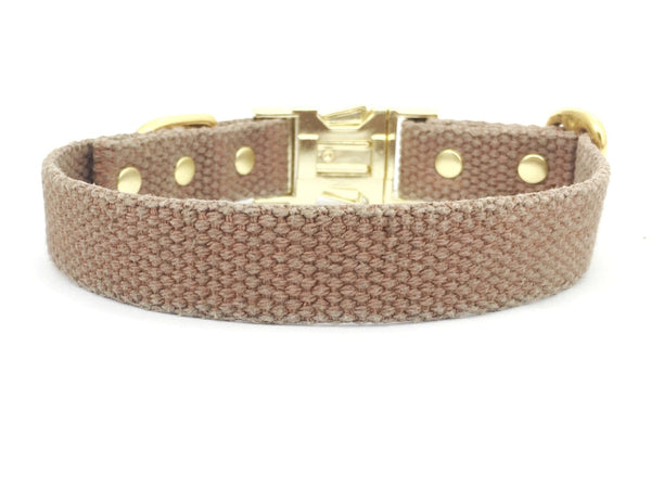 Dog collar in earthy natural tan brown cotton and luxury brass.