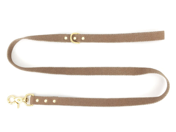 Tan brown dog lead in cotton and brass, vegan friendly materials, made in the UK.
