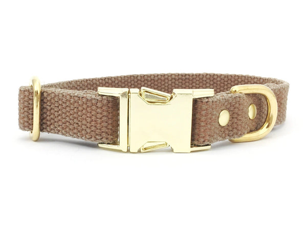 Tan brown dog and puppy collar in cotton webbing and luxury brass.