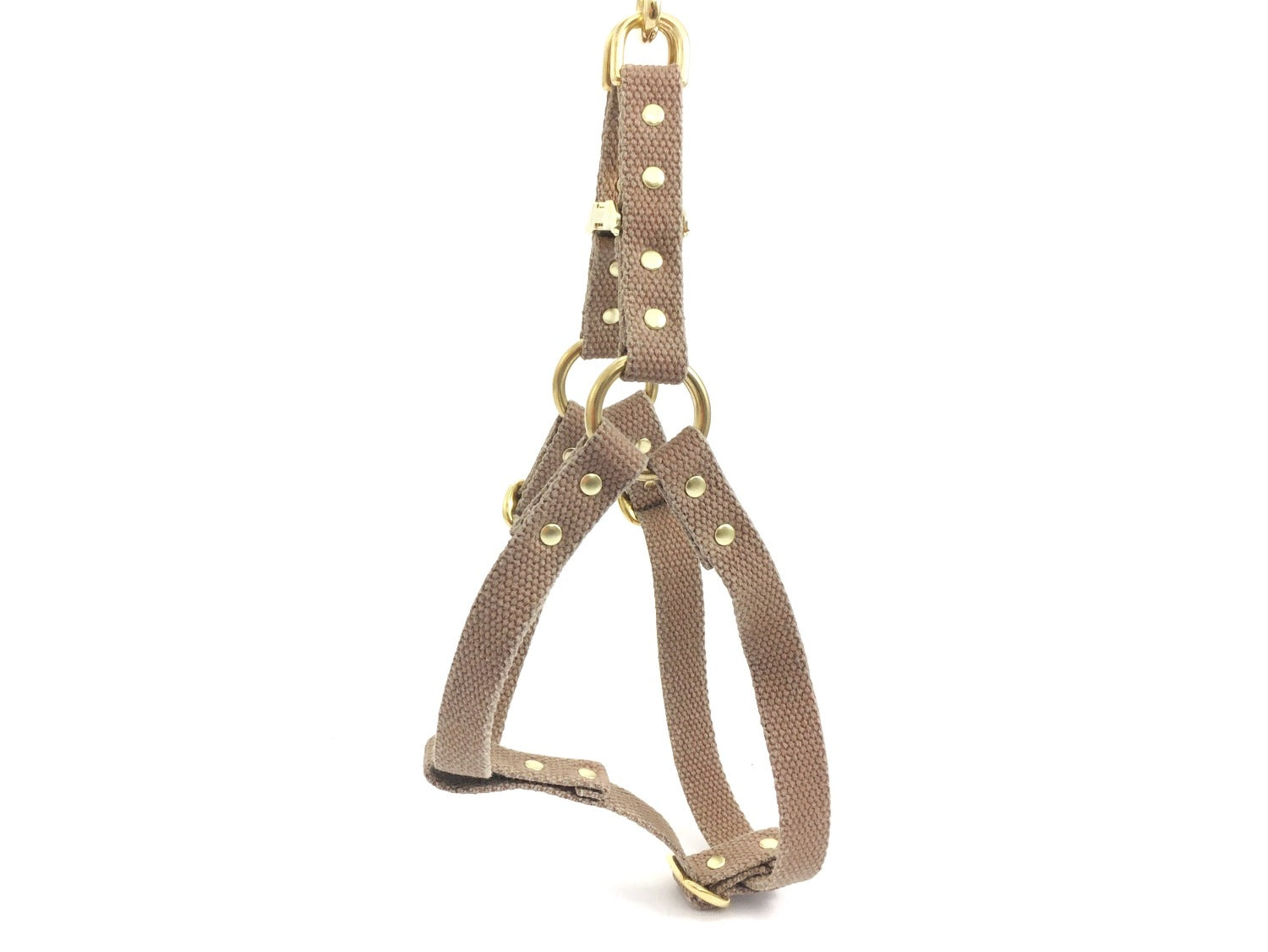Tan brown dog and puppy harness in cotton webbing and luxury brass, made in the UK.
