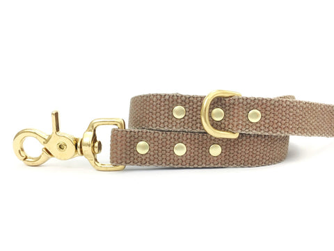 Tan brown dog and puppy lead in cotton and luxury brass.