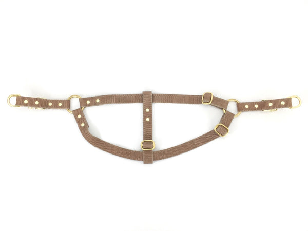 Tan brown step-in dog harness in cotton webbing and luxury brass. Earthy and neutral dog harness.