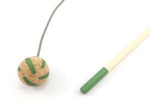Interactive cat teaser wand toy with unique cork ball toy in green stripes with eco friendly solid wood stick