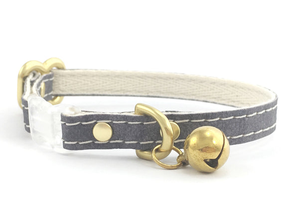 Grey cat collar in eco friendly vegan leather and cotton webbing with bell