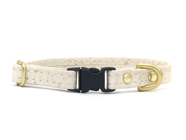 White miniature dog and puppy collar in vegan cork leather with luxury brass hardware. Suitable for small dogs such as Chihuahuas and Miniature Dachshunds.