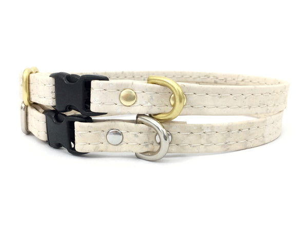 White miniature dog and puppy collar in vegan cork leather with luxury brass or silver hardware, made in the UK.