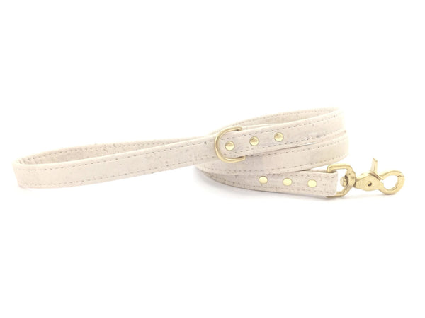 Luxury ivory white vegan cork 'leather' dog lead/leash with solid brass trigger snap hook and d ring, by Noggins & Binkles