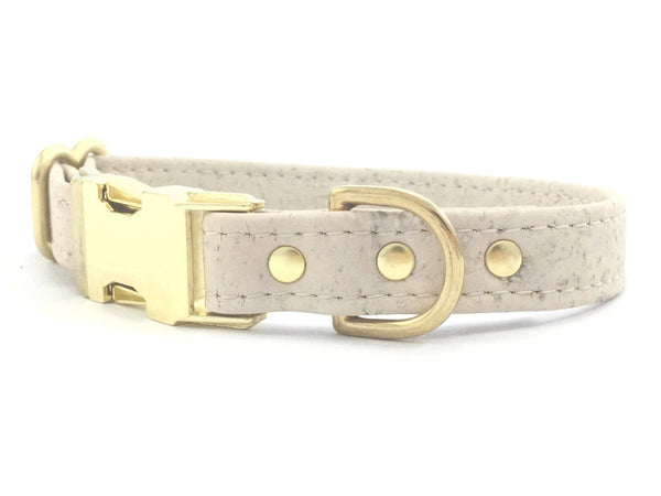 White dog or puppy collar in eco friendly vegan cork leather and luxury brass hardware, made in the UK