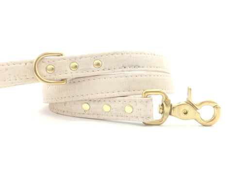 White dog lead in luxury and ethical vegan cork leather with gold brass hardware, made in the UK
