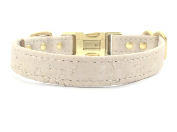 White wedding dog collar in luxury vegan cork leather with solid brass hardware, made in the UK