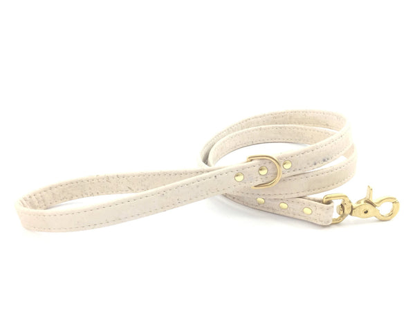 White dog leash in eco friendly vegan cork leather with luxury brass hardware, matching collar available, perfect for weddings.
