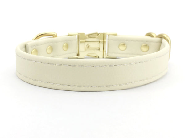 White vegan silicone leather dog and puppy collar, strong brass buckle, made in the UK.