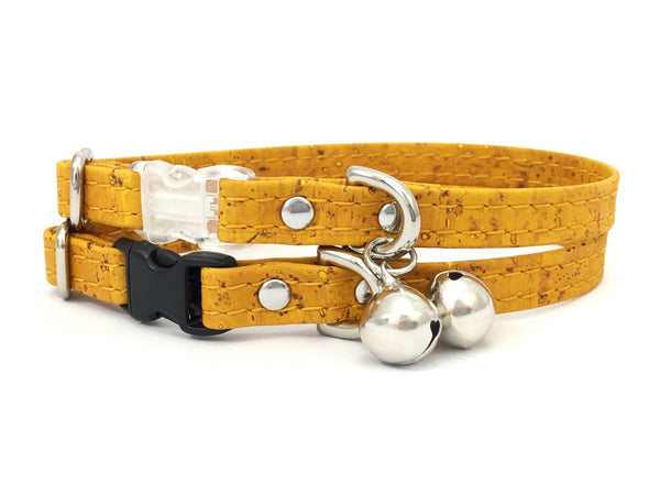 Yellow vegan cork leather cat collar with breakaway buckle and luxury silver bell, made in the UK.