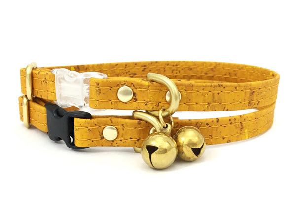 Yellow cat collar with breakaway safety buckle and luxury brass bell in eco friendly vegan cork leather.