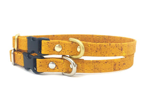Mustard yellow miniature dog and puppy collar in vegan cork leather with luxury brass or silver hardware.