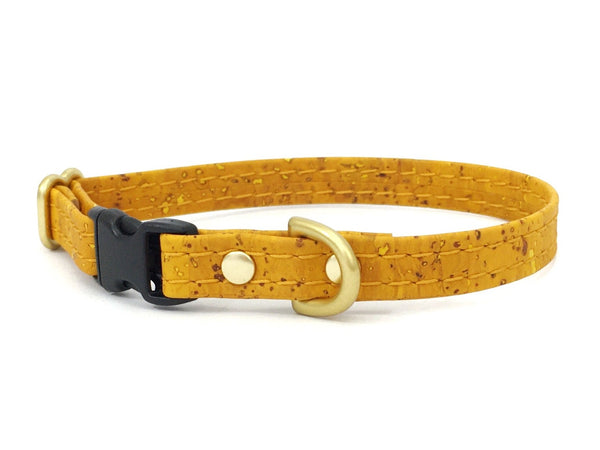 Yellow vegan cork leather miniature dog and puppy collar with luxury brass hardware, suitable for tiny dogs.