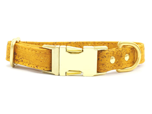 Yellow dog collar in luxury vegan cork leather with brass buckle, made in the UK