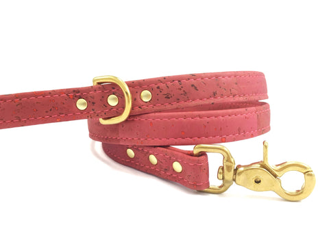 Pink dog lead in luxury vegan cork leather and solid brass